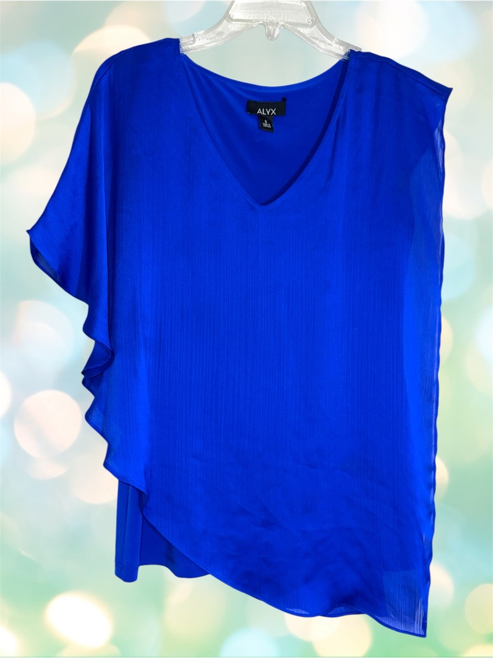 ALYX Elegant Cobalt Blue V-Neck Asymmetric Blouse with Sheer Overall size S